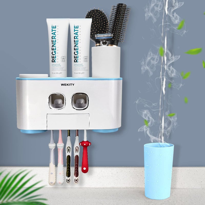 Wekity Toothbrush Holder Wall Mounted, WEKITY Multi-Functional Toothbrush and Toothpaste Dispenser for Bathroom, with 5 Toothbrush Slots, 2 Toothpaste Squeezers and 4 Cups(Blue) - Image 5